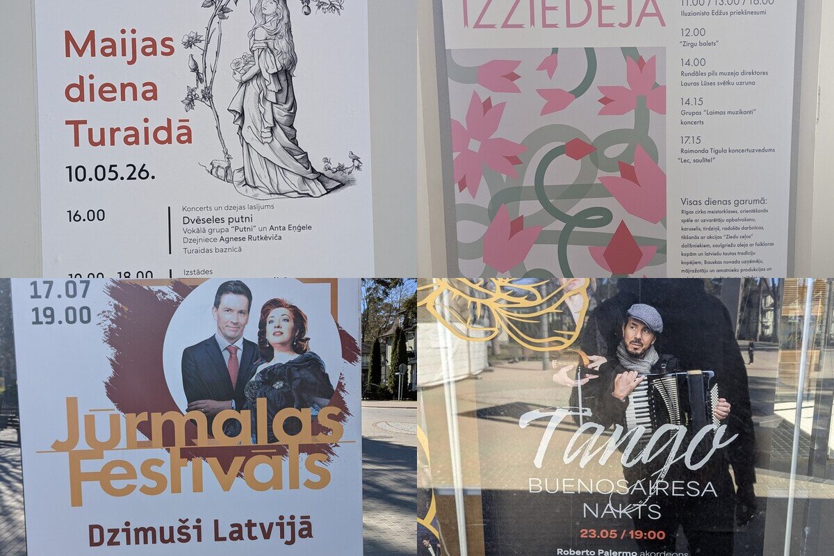 Cuatro carteles de eventos vistos por Letonia en la primavera de 2026 &mdash; el Día de Maija en Turaida, el Festival de los Jardines de Rundāle, la Noche del Tango Buenos Aires y el Festival de Jūrmala.