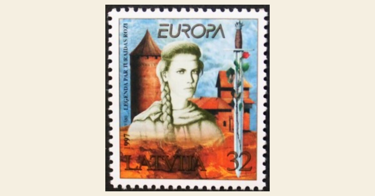 Sello postal letón EUROPA de 1997 &mdash; Leyenda de la Rosa de Turaida &mdash; diseño de Juris Utāns
