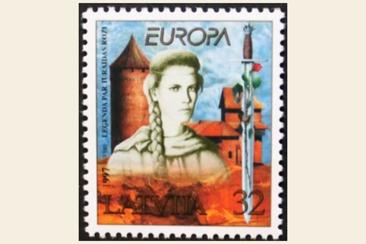 Sello letón EUROPA de 1997 — Leyenda de la Rosa de Turaida (diseño de Juris Utāns)