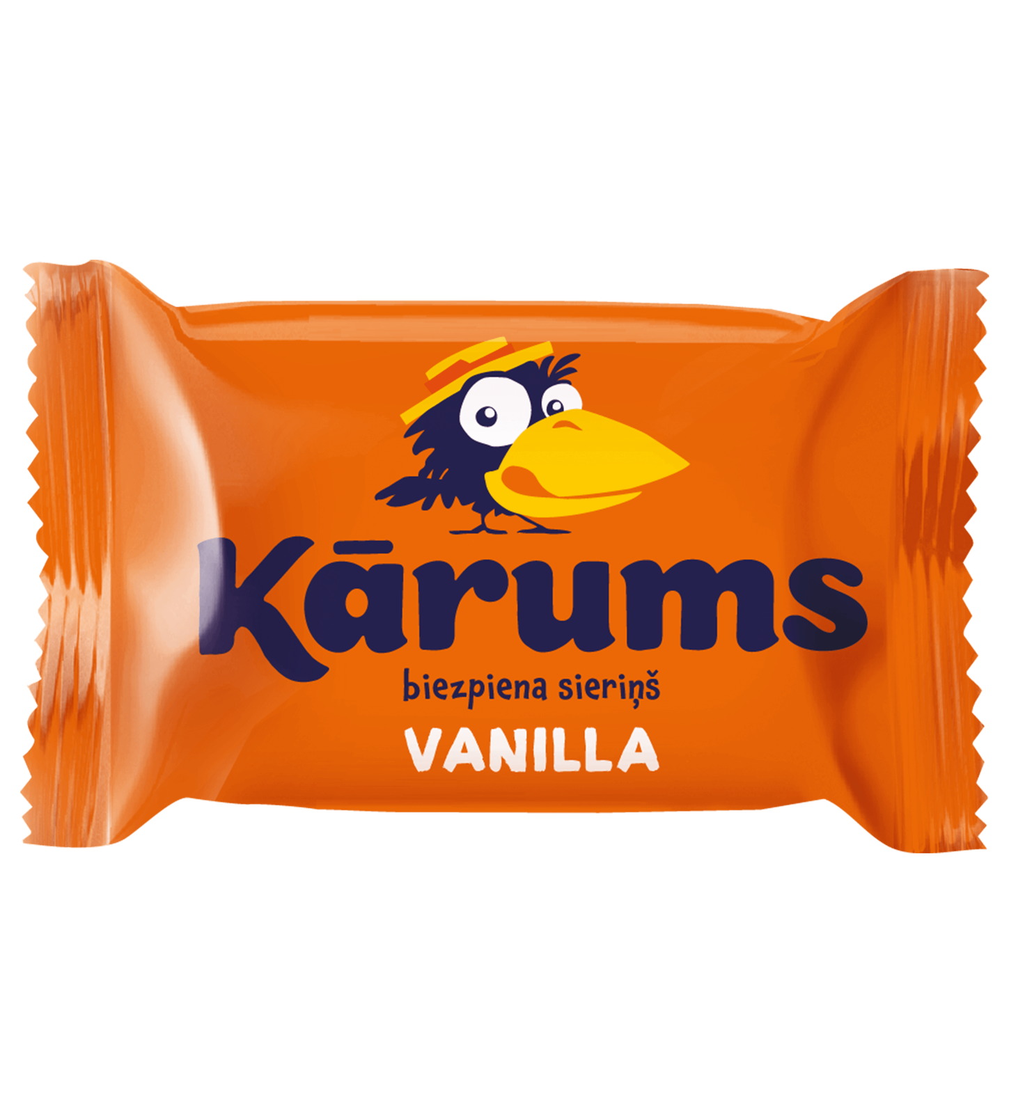 Kārums Biezpiena sieriņš vainilla, la barrita letona de requesón sin chocolate en su envoltorio naranja con el cuervo dibujado de Kārums