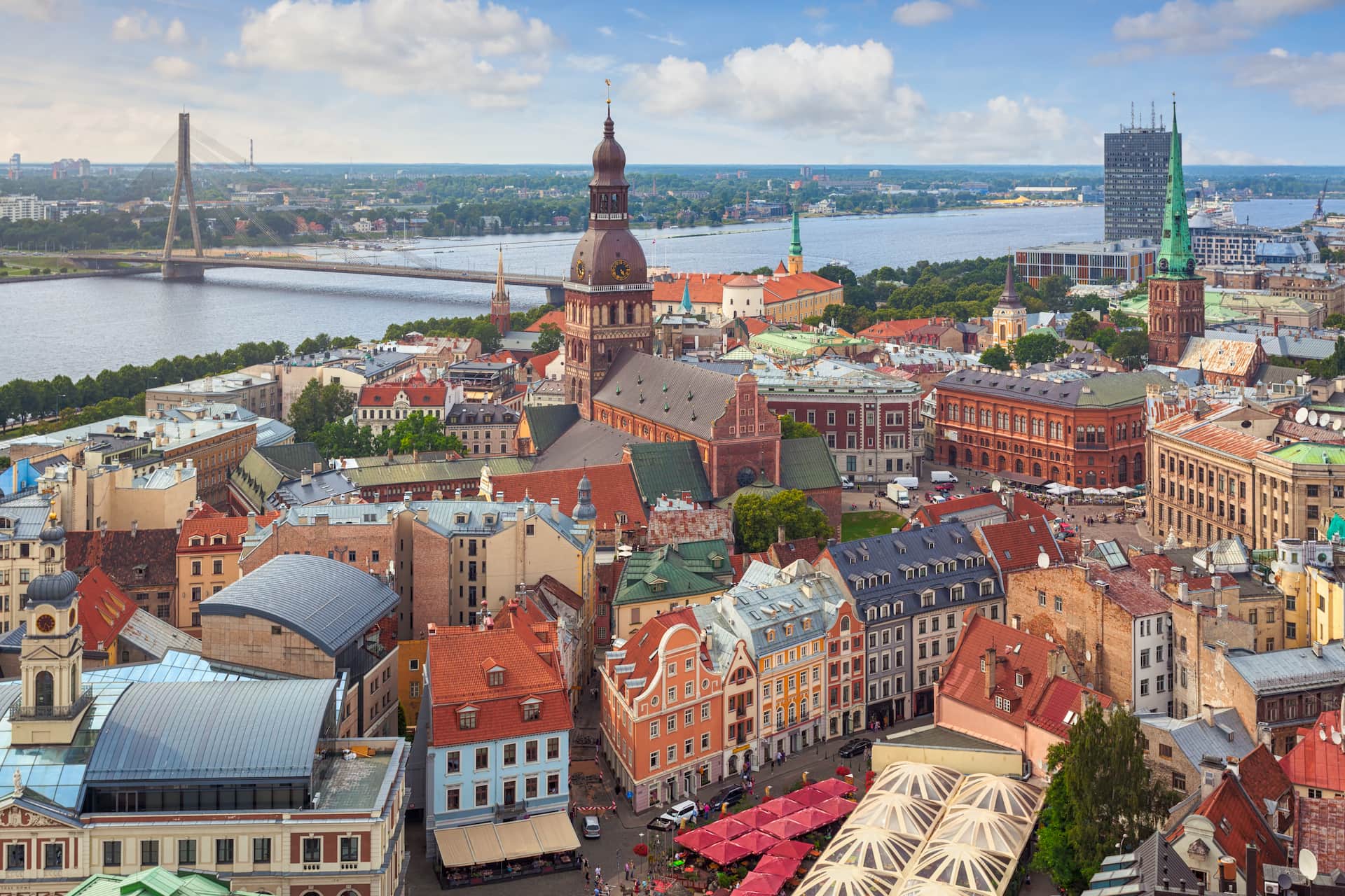 Aerial view of Riga Old Town and the Daugava river — the view from the cruise pier